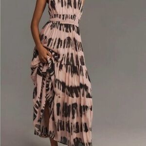 Anthropologie Somerset Maxi Dress Halter  ~ Pale Pink/Black Pattern Size Medium